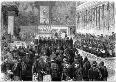 Concilio Vaticano I (1869-1870): udienza prosinodale nella Cappella Sistina di Roma. Papa Pio IX (1792-1878) riceve il giuramento dei marescialli e degli ufficiali del Concilio. Dicembre 1869. Incisione in "Le Monde Illustré" n.662 del 19 dicembre da French School