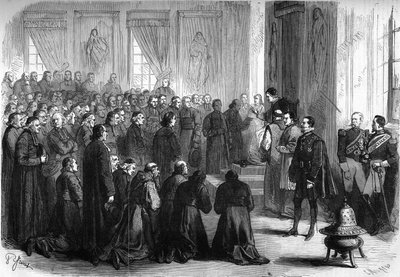 Concilio Vaticano I (1869-1870): Papa Pio IX (1792-1878) riceve in udienza generale gli ecclesiastici francesi che seguirono i vescovi da French School