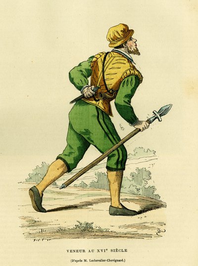 Costume del veneur, incaricato della caccia ai cani comuni, nel XVII secolo. Incisione a colori dopo un disegno di Lechevaller-Chevignard, in “France et les francais a travers les siecles” di Augustin Challamel, F.Roy editore, Parigi 1882. Collezione Selva da French School