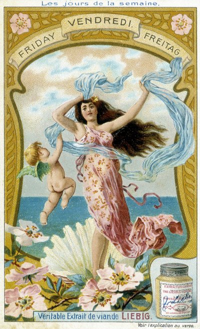 Venere illustra il venerdì. Carta pubblicitaria cromolitografica Liebig da French School