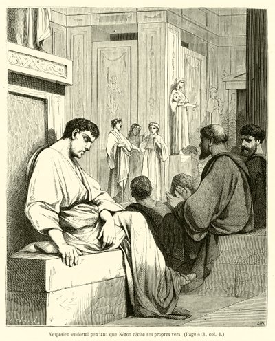 Vespasiano addormentato mentre Nerone recita i suoi versi da French School