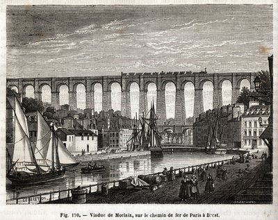 Viadotto di Morlaix, sulla ferrovia da Parigi a Brest (Francia). Incisione di Lebreton e Marchand, in "Les Merveilles de la Science" di Louis Figuier (1819-1894), edizione Jouvet et Cie da French School