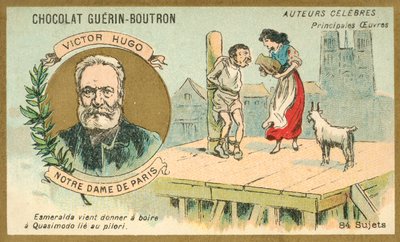 Victor Hugo, autore francese, e una scena dal suo romanzo Notre Dame de Paris da French School