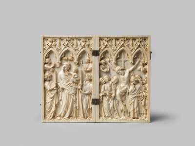 Vierge Glorieuse e Crocifissione dittico con supporto in ebano successivo, XIV secolo da French School