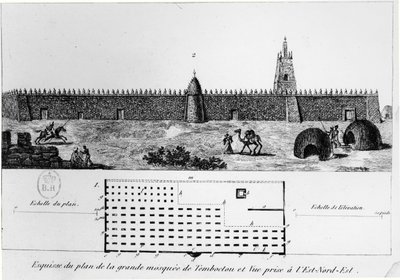 Vista e pianta della grande moschea di Timbuktu, da Journal d