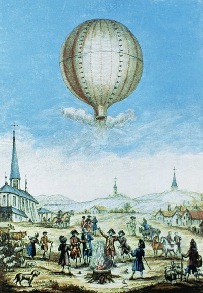 Vista di Annonay in Vivarais e il primo volo del pallone aerostatico dei fratelli Montgolfier nel 1783 da French School