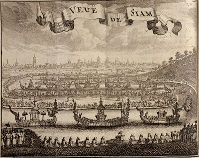 Veduta di Ayutthaya con barche reali, da Voyage du Siam des Peres Jesuites di Guy Tachard, 1688 da French School