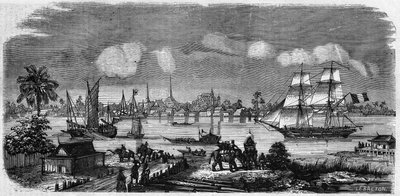 Veduta della città e del porto di Bangkok (Bang-Kok), Regno del Siam (Thailandia) da French School