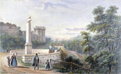 Veduta del Castello di Dinan e della statua di Duclos Pinot. Illustrazione del XIX secolo conservata al Museo di Dinan. da French School