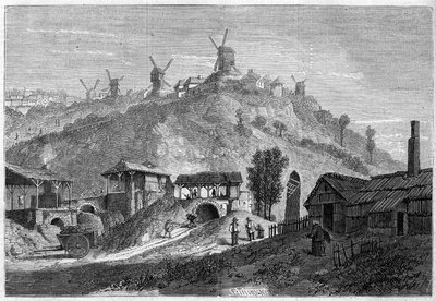 Veduta di Montmartre nel 1859, prima di unirsi alla città di Parigi nel 1860. Veduta presa dalla pianura di Saint Denis. Incisione in 