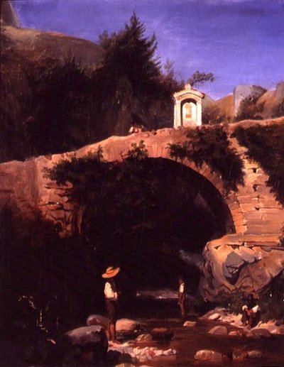 Veduta di un ponte e di un fiume fuori Roma da French School