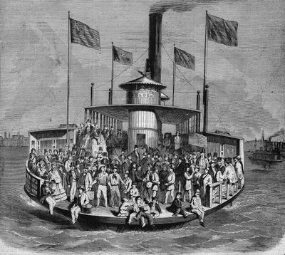 Veduta di un piroscafo che collega le isole e la città di New York. Incisione da French School