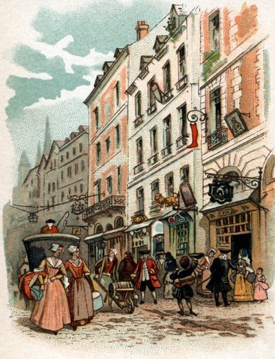 Veduta di una strada di Parigi sotto il regno di Luigi XV, inizio del XVIII secolo Cromolitografia della fine del XIX secolo Collezione privata da French School