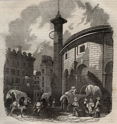 Vista della halle au blé a Parigi (costruita nel 1763-1769) e della colonna Medici, incisione inizio XIX secolo - scambio di grano e mais a Parigi (costruita nel 1763-1769), incisione inizio XIX secolo - Vista della Halle au blé, posta sull