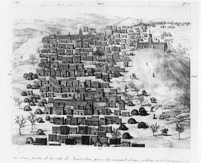 Veduta di parte della Città di Timbuctù presa da una collina a est, da Voyage a Tombouctou di René Caillié, pubblicato nel 1830 da French School