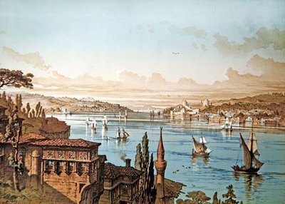Veduta delle navi sul Bosforo e del castello di Rumeli Hisari con Istanbul in lontananza da French School
