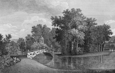 Vista del Ponte e del Tempio di Venere nei Giardini di West Wycombe, da Jardins Anglo-Chinois a la Mode, di George Louis le Rouge, pubblicato 1770-87 da French School