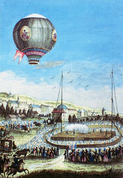 Vista dei Brolteaux a Lione e il terzo volo del pallone aerostatico Montgolfier il 10 gennaio 1784 da French School