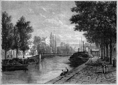 Veduta del Canal Saint Martin, a Parigi, prima delle trasformazioni effettuate da Haussmann a metà del XIX secolo. Veduta presa all