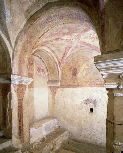 Vista degli affreschi carolingi nella cripta interna, c.858 da French School