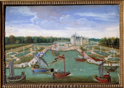 Veduta del Castello di Chantilly e dei parterres dal Vertugadin da French School