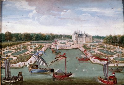 Veduta del Castello di Chantilly e dei giardini presi dal Vertugadin da French School