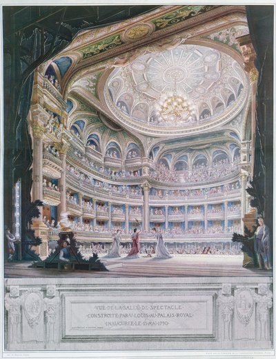 Veduta del Teatro della Comédie-Française nel 1790, da un originale di Gaudet e Prudent da French School