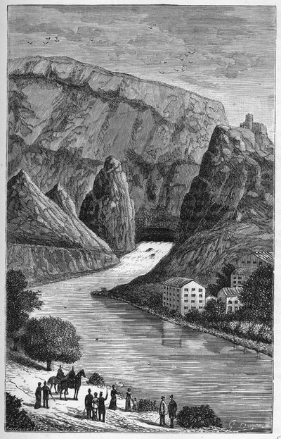 Veduta della Fontaine du Vaucluse nel dipartimento di Vaucluse, regione Provenza-Alpi-Costa Azzurra - Incisione in 