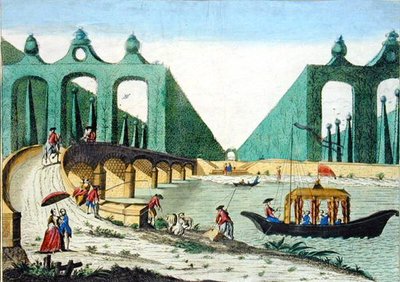 Veduta dei giardini di Lord Hamilton verso un ponte sul fiume Tamigi vicino a Londra da French School
