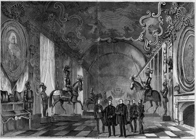 Veduta della sala delle armi del Palazzo di Torino (Italia) durante la visita del re Vittorio Emanuele II (1820-1878) e del principe Napoleone (1822-1891) da French School