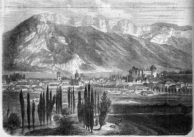 Veduta della città di Annecy, presa dalla strada per Ginevra. Alta Savoia (74) da French School
