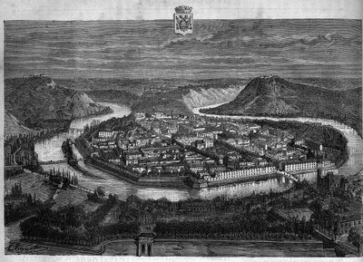 Veduta della città di Besançon nel Doubs. Incisione del 1880 in "La republique illustree" collezione privata da French School