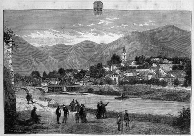 Vista della città di Digne nelle Basse Alpi. Incisione del 1880 in "La republique illustree" collezione privata da French School