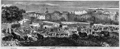 Veduta della città di Tangeri (Marocco), nel giorno della marcia araba. Incisione in "Le Monde Illustré" n.129 del 1 ottobre 1859 da French School