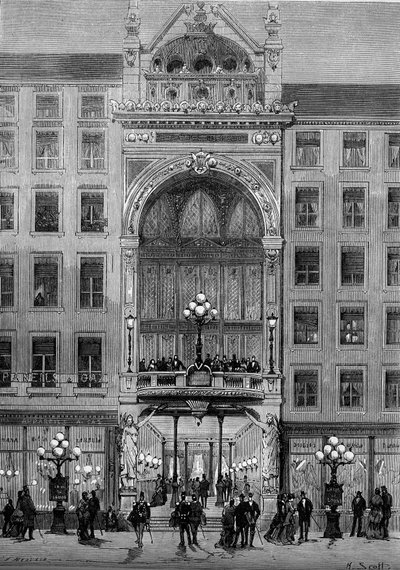 Vista della facciata del teatro Bellecour a Lione, costruito da Jules Chatron (1831-1884) nel 1879. Incisione in "Le Monde Illustré" n.1176 dell