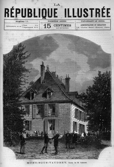 Veduta della casa del Presidente Jules Grévy (1807-1891) a Mont-sous-Vaudrey in Franche-Comté. Un giornale. Incisione del 1880 in "La république illustrée" collezione privata da French School