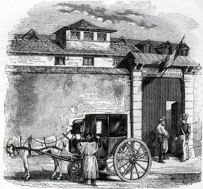 Veduta della vecchia casa di arresto della Guardia Nazionale conosciuta come Hotel des Beans a Parigi (prigione della guardia nazionale a Parigi) da French School