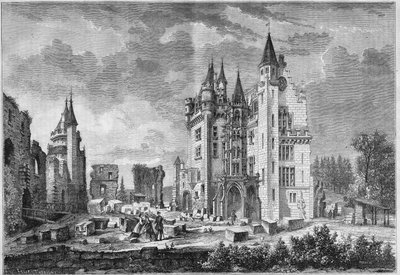 Vista dei lavori di restauro del Castello di Pierrefonds, organizzati da Eugène Viollet-le-Duc, durante la visita di Napoleone III e dell