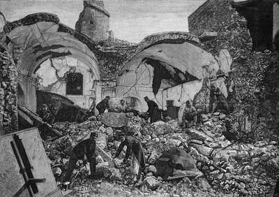 Veduta delle rovine della Chiesa del Purgatorio, distrutta durante il terremoto del 1881 sull