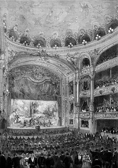 Vista della sala del teatro Bellecour, a Lione, costruita da Jules Chatron (1831-1884) nel 1879. Incisione in "Le Monde Illustré" n.1176 dell