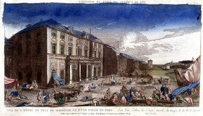 Veduta del municipio di Marsiglia e parte del porto, da cui arrivarono i cadaveri al tempo della peste nel 1720 - incisione da French School