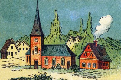 Villaggio. Incisione in "ABC indechirable su tela verniciata". A. Capendu, editore, Parigi, fine XIX secolo. Libreria per bambini illustrata. 8 pagine. Dim: 21,5x18cm da French School