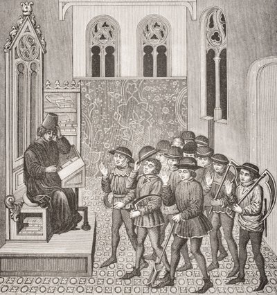 Cattivi che ricevono gli ordini dei loro signori prima di andare a lavorare, da una miniatura in un manoscritto del XV secolo, da Le Moyen Age et La Renaissance di Paul Lacroix (1806-84) pubblicato nel 1847 da French School