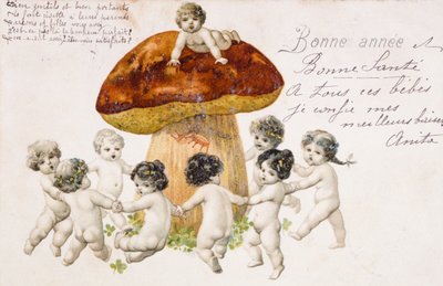 Cartolina francese vintage con bambini che ballano intorno a un fungo da French School