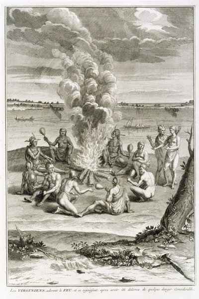 I virginiani adorano il fuoco e gioiscono di essere stati liberati da un pericolo considerevole, illustrazione da Cerimonie e usanze religiose, inciso da Bernard Picart (1673-1733) 1721 da French School