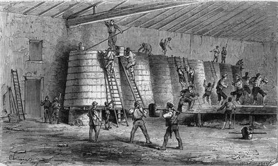 Viticoltura nel Médoc: pigiatura e messa in botte. Incisione in "Le Monde Illustré" n.561 dell