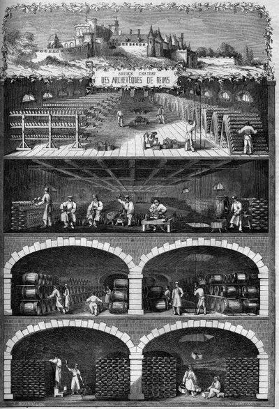 Viticoltura: vista delle cantine di champagne nei sotterranei del vecchio castello degli arcivescovi di Reims, Marna (51) da French School