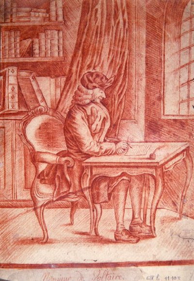 Voltaire (1694-1778) che scrive nel suo studio, c.1765-75 (gesso rosso su carta) da French School
