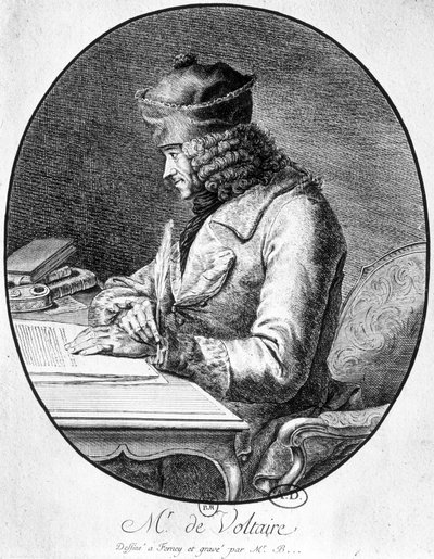 Voltaire al suo tavolo di lavoro da French School