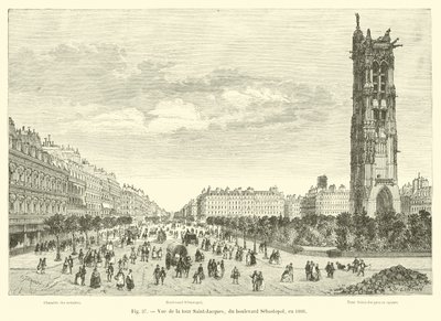 Veduta della torre Saint-Jacques, dal boulevard Sebastopol, nel 1866 da French School